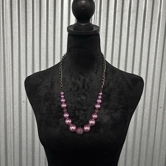 Purple Beaded Statement Necklace Rhinestone Accents Adjustable Chain Bold - Picture 2 of 5